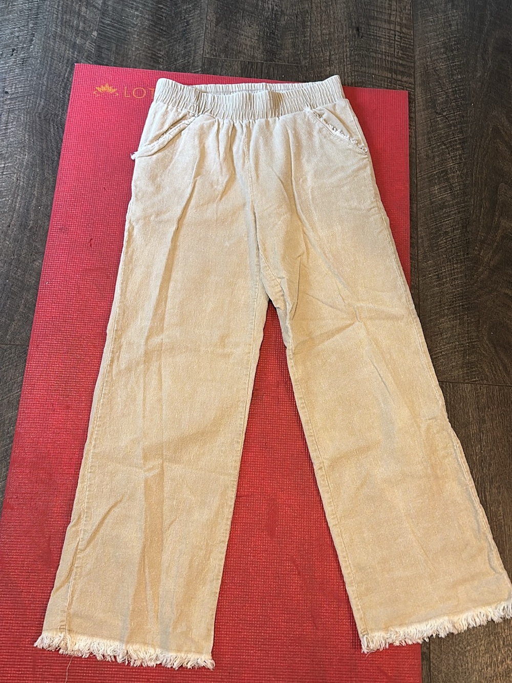 Umgee Beige Corduroy Boot Cut Pants with Frayed Hem